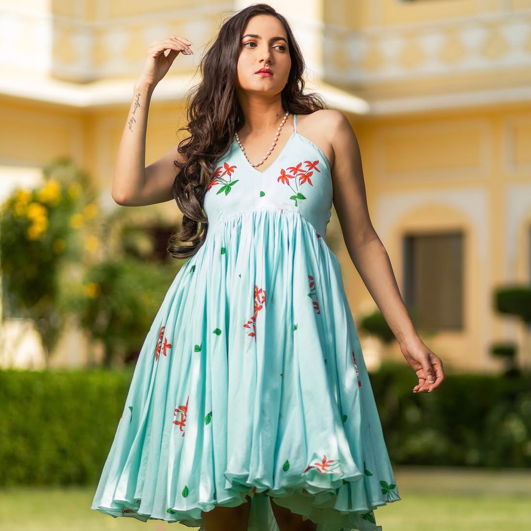Aqua Flora Handblock Cotton Dress